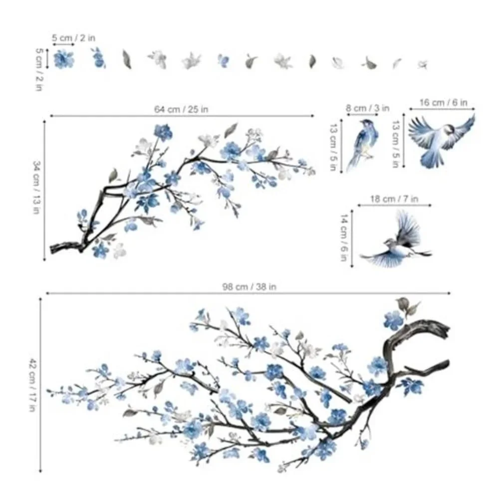 Blue Flower Wall Decals Watercolor Tree Branch Floral Stickers Bedroom Living